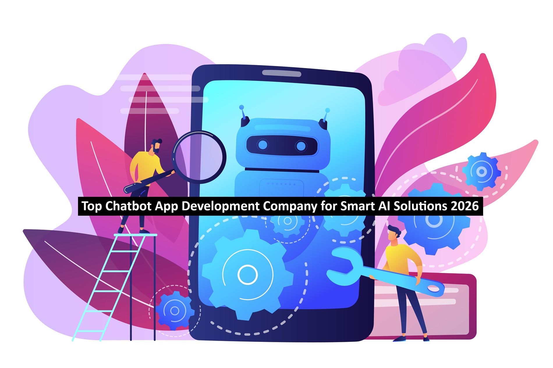 Developers with wrench work on chatbot application development. Chatbot app development, bot development framework, chatbot programming concept. Bright vibrant violet vector isolated illustration